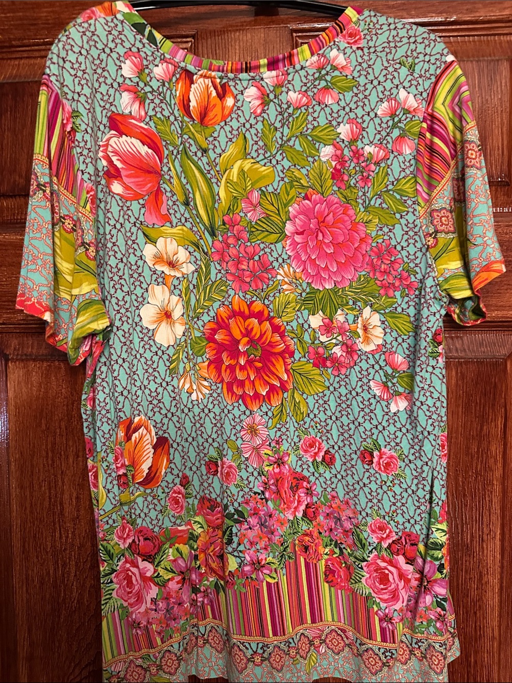 Johnny Was Floral V-Neck Short Sleeve Tee in Mint, Pink, Green - Picture 2 of 6